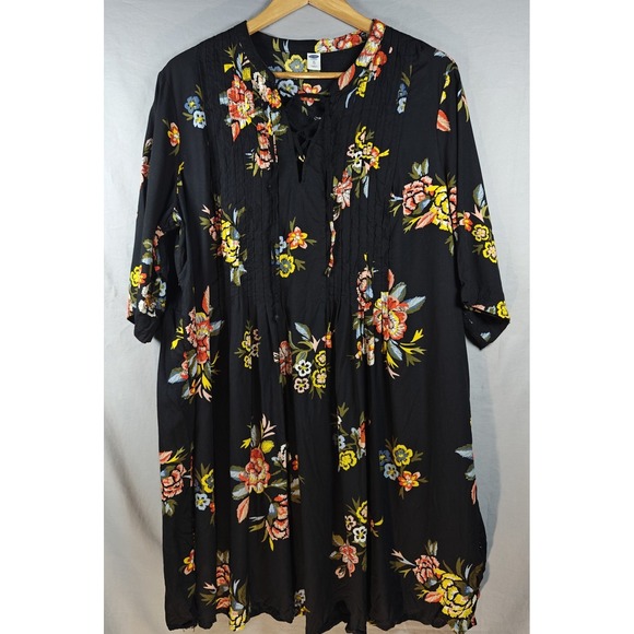 Old Navy Dresses & Skirts - Old Navy Black Floral Lace-Up Tunic Dress 3/4 Sleeve Pintuck Front V Neck XL